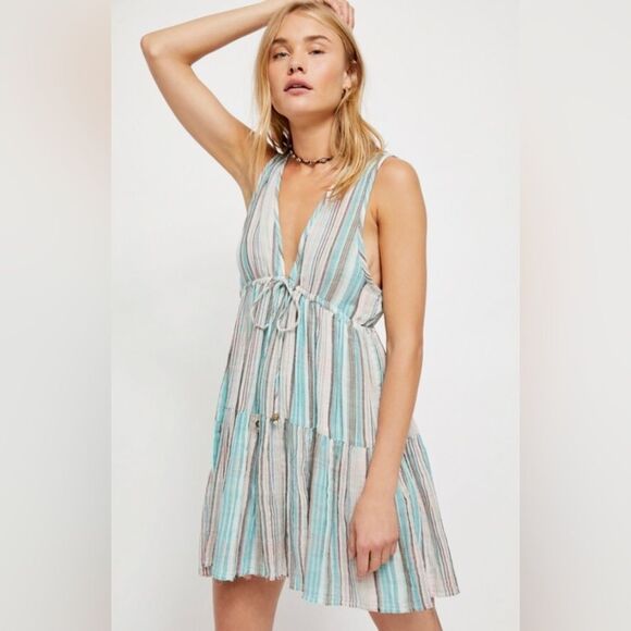 Free People Multicolor Striped Tiered Dress; Size Medium - Picture 9 of 9